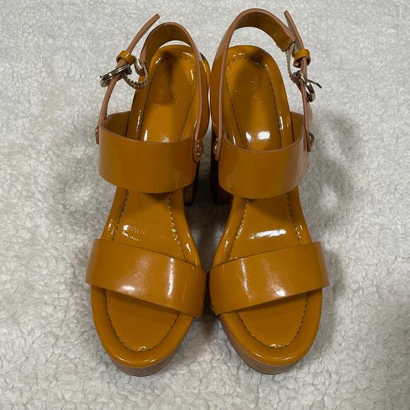 Joie Platform Sandal Heels Tan-Orange Patent Leather Wood Rivets Strappy 37 6.5 - Picture 3 of 10